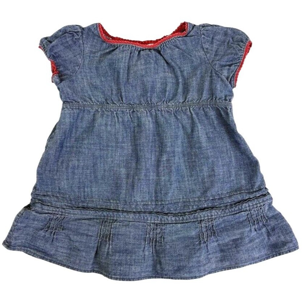 Ralph Lauren Chambray Denim Ruffle Tiered Dress Western Americana Red Trim 3M